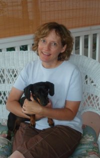 Author Jenifer Garlitz with dog Button Author Jenifer Garlitz with Button